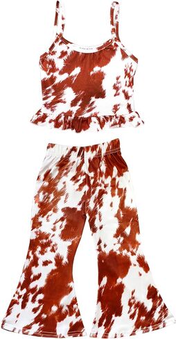Daisy Del Sol Girls Printed Ruffle Peplum Tank Top with Matching Bell Bottom Flare Pants Co Ord 2-Piece Outfit Set in Saudi Arabia