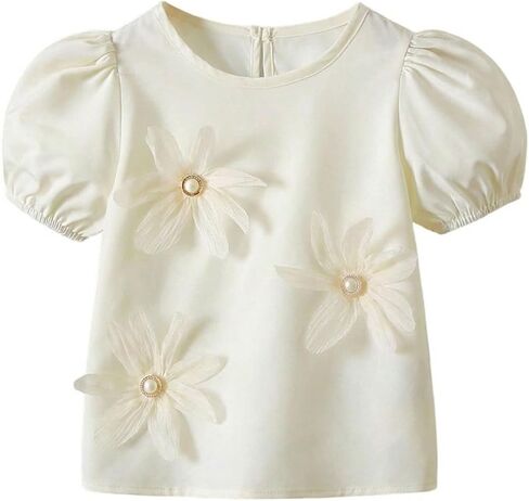 Verdusa Toddler Girl's 3D Floral Pearls Dressy Blouse Shirts Cute Puff Sleeve Boho Chic Tops in Saudi Arabia