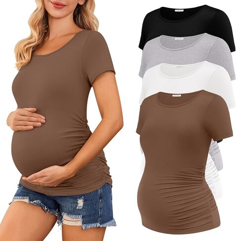 Ekouaer 4 عبوات من قمصان الحمل النسائية بأكمام قصيرة وجانب مكشكش للحمل، بلوزة تونيك، ملابس ماما in Kuwait