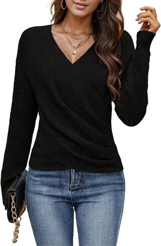 بلوفر نسائي برقبة على شكل حرف V، سترة متماسكة مضلعة وأكمام طويلة، كاجوال مكشكشة، مقاس نحيف، ملابس علوية للخروج in Kuwait