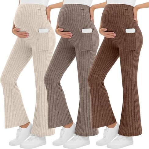 3 Pack Women's Maternity Ribbed Flare Pants Over The Belly Pregnancy Knit Sweater Soft Warm Trousers with Pockets in Saudi Arabia