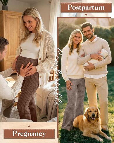 3 Pack Women's Maternity Ribbed Flare Pants Over The Belly Pregnancy Knit Sweater Soft Warm Trousers with Pockets in Saudi Arabia