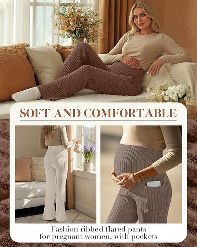 3 Pack Women's Maternity Ribbed Flare Pants Over The Belly Pregnancy Knit Sweater Soft Warm Trousers with Pockets in Saudi Arabia