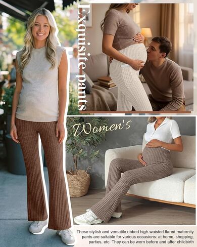3 Pack Women's Maternity Ribbed Flare Pants Over The Belly Pregnancy Knit Sweater Soft Warm Trousers with Pockets in Saudi Arabia