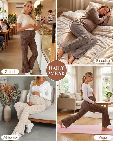 3 Pack Women's Maternity Ribbed Flare Pants Over The Belly Pregnancy Knit Sweater Soft Warm Trousers with Pockets in Saudi Arabia
