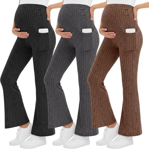 3 Pack Women's Maternity Ribbed Flare Pants Over The Belly Pregnancy Knit Sweater Soft Warm Trousers with Pockets in Saudi Arabia