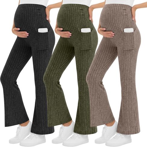 3 Pack Women's Maternity Ribbed Flare Pants Over The Belly Pregnancy Knit Sweater Soft Warm Trousers with Pockets in Saudi Arabia