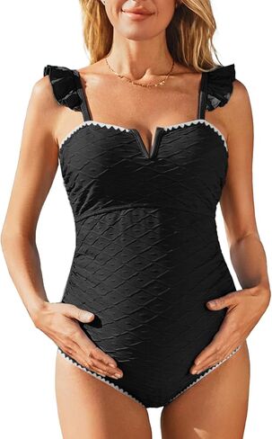 Summer Mae Ruffle Ribbed Maternity Swimsuit One Piece V-Wire Bathing Suit Shell Stitched Adjustable Straps Pregnancy Swimwear in Saudi Arabia