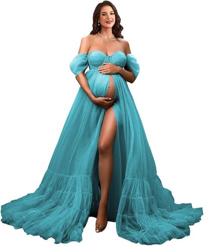 Tulle Long Maternity Dress for Photoshoot Off Shoulder Photography Pregnancy Gowns with Slit in Saudi Arabia