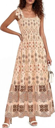 PRETTYGARDEN Women's 2026 Summer Maxi Dress Tie Straps Floral Beach Vacation Long Dresses Smocked Boho Sundress with Pockets in Saudi Arabia