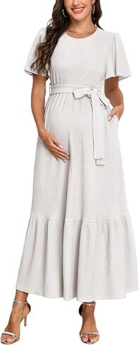 Maternity Short Sleeve Maxi Dress with Belt Crew Neck Pregnancy Tiered Ruffle Flowy Pocket Dresses Baby Shower in Saudi Arabia