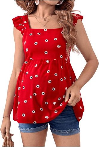 WDIRARA Women's Maternity Top Floral Sleeveless Square Neck Blouse Tie Back Ruffle Peplum Tops in Saudi Arabia