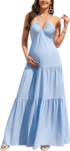 CYCLAMEN Maternity Dress Halter V-Neck Pleated Backless Maxi A-Line Gown Baby Shower Photoshoot Beach Vacation Tea Party in Saudi Arabia