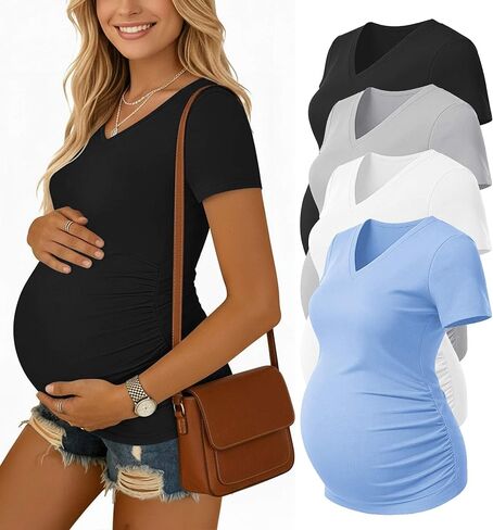 Ekouaer 4 Pack Maternity Shirts V Neck Maternity Top Short Sleeve Casual Tee Side Ruched Pregnancy Clothes in Kuwait