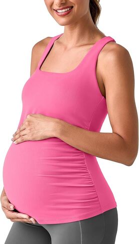 G4Free BareFeel الأمومة Racerback تانك القمم مع حمالة صدر مدمجة Ruched بلا أكمام ساحة الرقبة الحمل اليوغا تجريب القمصان in Saudi Arabia