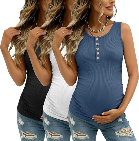 3 Pack Women's Maternity Tank Tops Ribbed Cotton Pregnancy Sleeveless Shirts Henley Side Ruched Basic Mama Clothes in Saudi Arabia