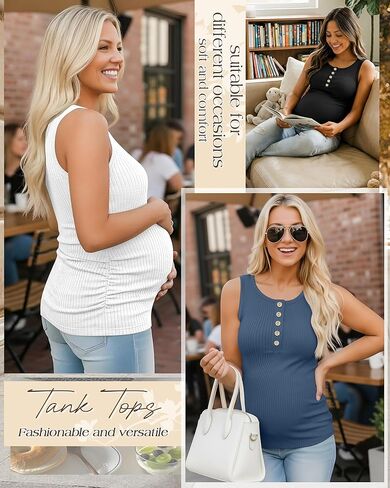 3 Pack Women's Maternity Tank Tops Ribbed Cotton Pregnancy Sleeveless Shirts Henley Side Ruched Basic Mama Clothes in Saudi Arabia