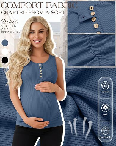 3 Pack Women's Maternity Tank Tops Ribbed Cotton Pregnancy Sleeveless Shirts Henley Side Ruched Basic Mama Clothes in Saudi Arabia