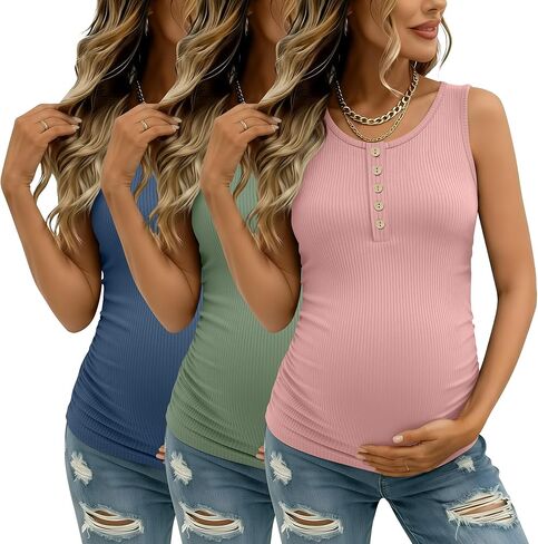 3 Pack Women's Maternity Tank Tops Ribbed Cotton Pregnancy Sleeveless Shirts Henley Side Ruched Basic Mama Clothes in Saudi Arabia