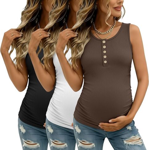 3 Pack Women's Maternity Tank Tops Ribbed Cotton Pregnancy Sleeveless Shirts Henley Side Ruched Basic Mama Clothes in Saudi Arabia