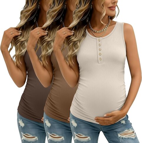 3 Pack Women's Maternity Tank Tops Ribbed Cotton Pregnancy Sleeveless Shirts Henley Side Ruched Basic Mama Clothes in Saudi Arabia