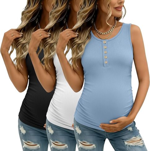 3 Pack Women's Maternity Tank Tops Ribbed Cotton Pregnancy Sleeveless Shirts Henley Side Ruched Basic Mama Clothes in Saudi Arabia