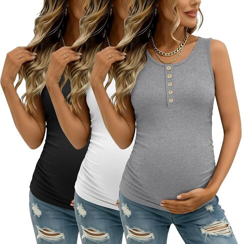 3 Pack Women's Maternity Tank Tops Ribbed Cotton Pregnancy Sleeveless Shirts Henley Side Ruched Basic Mama Clothes in Saudi Arabia