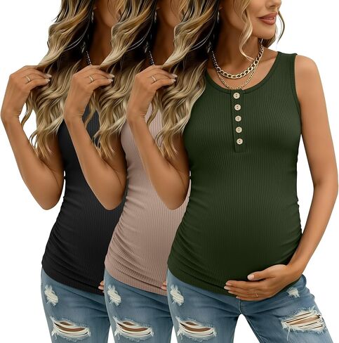 3 Pack Women's Maternity Tank Tops Ribbed Cotton Pregnancy Sleeveless Shirts Henley Side Ruched Basic Mama Clothes in Saudi Arabia