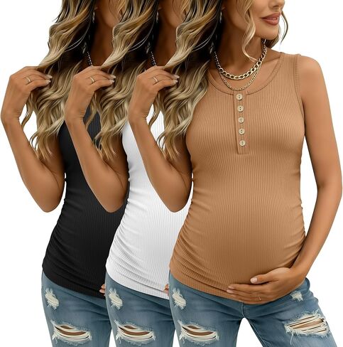 3 Pack Women's Maternity Tank Tops Ribbed Cotton Pregnancy Sleeveless Shirts Henley Side Ruched Basic Mama Clothes in Saudi Arabia