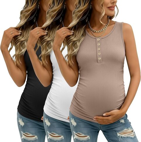 3 Pack Women's Maternity Tank Tops Ribbed Cotton Pregnancy Sleeveless Shirts Henley Side Ruched Basic Mama Clothes in Saudi Arabia