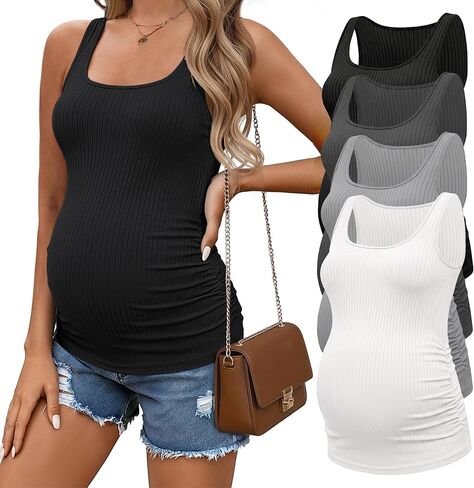 Ekouaer 4 Pack Maternity Tank Tops Ribbed Summer Pregnancy Shirts Ruch Side Tops Casual Square Neck Postpartum Clothes S-2XL in Saudi Arabia