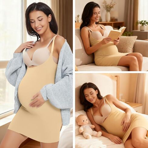 Women's Maternity Bustless Tank Top Belly Support, Pregnancy Adjustable Spaghetti Strap Bodycon Shapewear Slip Dress in Saudi Arabia