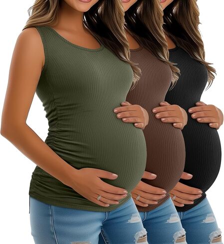 Riyiper 3 Pack Women's Maternity Tank Tops, Sleeveless Cotton Pregnancy Shirts Ribbed Knit Sides Ruched Basic Mama Clothes in Kuwait