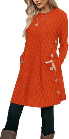 Poetsky Women Long Sleeve Tunic Tops to Wear with Leggings Side Buttons Long Shirts Rib Sweater Dress with Pockets S-3XL in Saudi Arabia