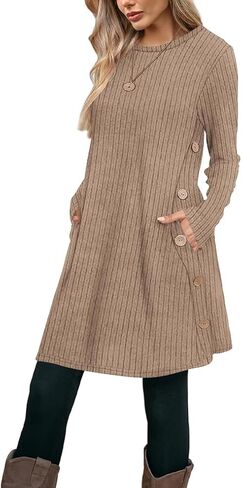 Poetsky Women Long Sleeve Tunic Tops to Wear with Leggings Side Buttons Long Shirts Rib Sweater Dress with Pockets S-3XL in Saudi Arabia