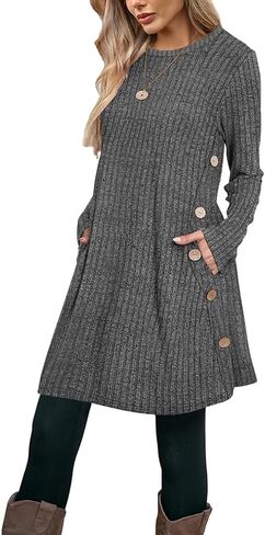 Poetsky Women Long Sleeve Tunic Tops to Wear with Leggings Side Buttons Long Shirts Rib Sweater Dress with Pockets S-3XL in Saudi Arabia