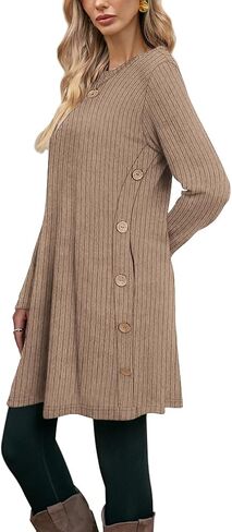 Poetsky Women Long Sleeve Tunic Tops to Wear with Leggings Side Buttons Long Shirts Rib Sweater Dress with Pockets S-3XL in Saudi Arabia