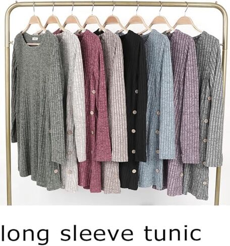Poetsky Women Long Sleeve Tunic Tops to Wear with Leggings Side Buttons Long Shirts Rib Sweater Dress with Pockets S-3XL in Saudi Arabia