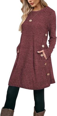 Poetsky Women Long Sleeve Tunic Tops to Wear with Leggings Side Buttons Long Shirts Rib Sweater Dress with Pockets S-3XL in Saudi Arabia