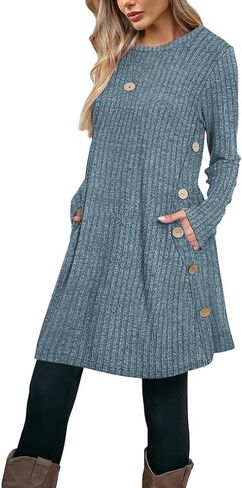 Poetsky Women Long Sleeve Tunic Tops to Wear with Leggings Side Buttons Long Shirts Rib Sweater Dress with Pockets S-3XL in Saudi Arabia