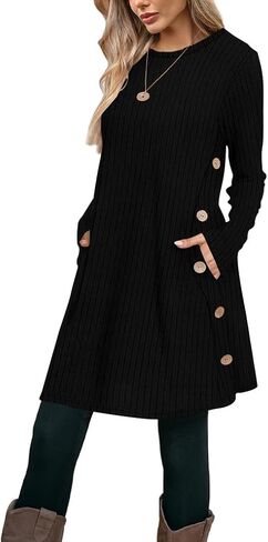 Poetsky Women Long Sleeve Tunic Tops to Wear with Leggings Side Buttons Long Shirts Rib Sweater Dress with Pockets S-3XL in Saudi Arabia