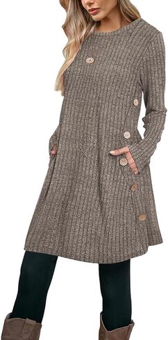 Poetsky Women Long Sleeve Tunic Tops to Wear with Leggings Side Buttons Long Shirts Rib Sweater Dress with Pockets S-3XL in Saudi Arabia