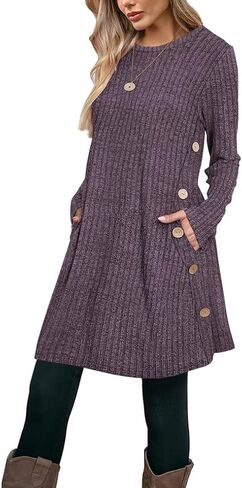 Poetsky Women Long Sleeve Tunic Tops to Wear with Leggings Side Buttons Long Shirts Rib Sweater Dress with Pockets S-3XL in Saudi Arabia