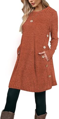 Poetsky Women Long Sleeve Tunic Tops to Wear with Leggings Side Buttons Long Shirts Rib Sweater Dress with Pockets S-3XL in Saudi Arabia