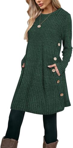 Poetsky Women Long Sleeve Tunic Tops to Wear with Leggings Side Buttons Long Shirts Rib Sweater Dress with Pockets S-3XL in Saudi Arabia