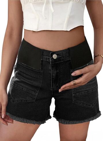 BLENCOT Women's Maternity Denim Shorts Mid-Rise Stretch Pregnancy Lounge Frayed Hem Plus Size Jeans Short with Pockets in Saudi Arabia