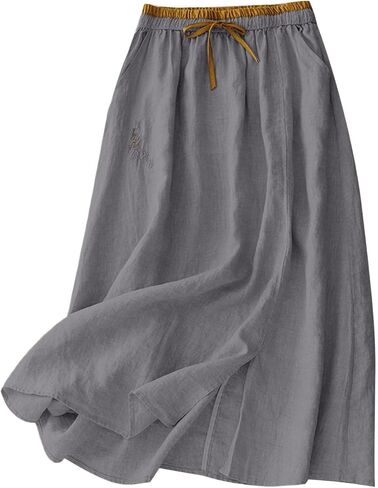 تنورة نسائية متوسطة الطول من الكتان تنورة ماكسي قطنية غير رسمية متأرجحة مرنة عالية الخصر على شكل حرف a سبليت طويلة بوهو مع جيوب in Kuwait