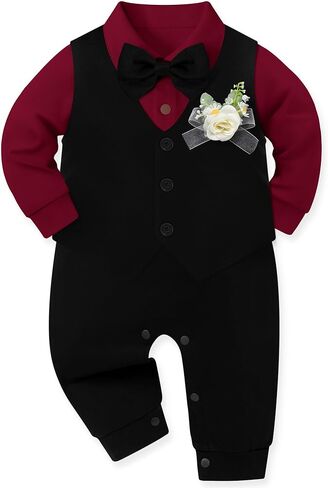 Baby Boy Suit Gentleman Clothes Wedding Outfits Formal Jumpsuit Long Sleeve Romper+Vest 0-24M in Saudi Arabia