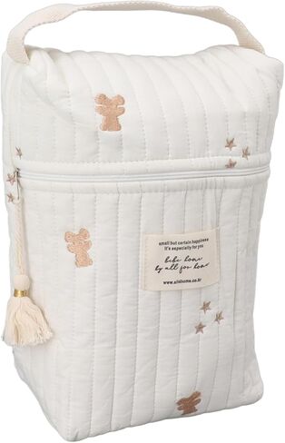 Quilting Embroidered Diapers Bag, Cotton Baby Stroller Zipper Bag with Smooth Zipper and Ergonomic Handle, for Bottle Wipes Pacifier Toys Outdoor Travel (Bear) in Saudi Arabia