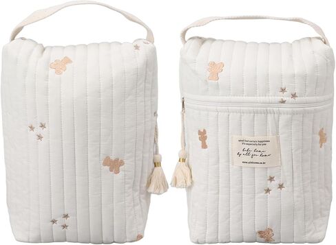 Quilting Embroidered Diapers Bag, Cotton Baby Stroller Zipper Bag with Smooth Zipper and Ergonomic Handle, for Bottle Wipes Pacifier Toys Outdoor Travel (Bear) in Saudi Arabia